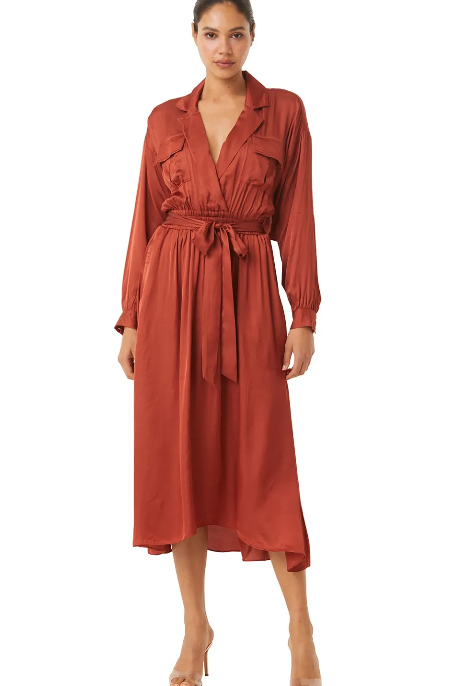 MISA Los Angeles Long-sleeve|Midi>BLAIR DRESS Burntorangesatin