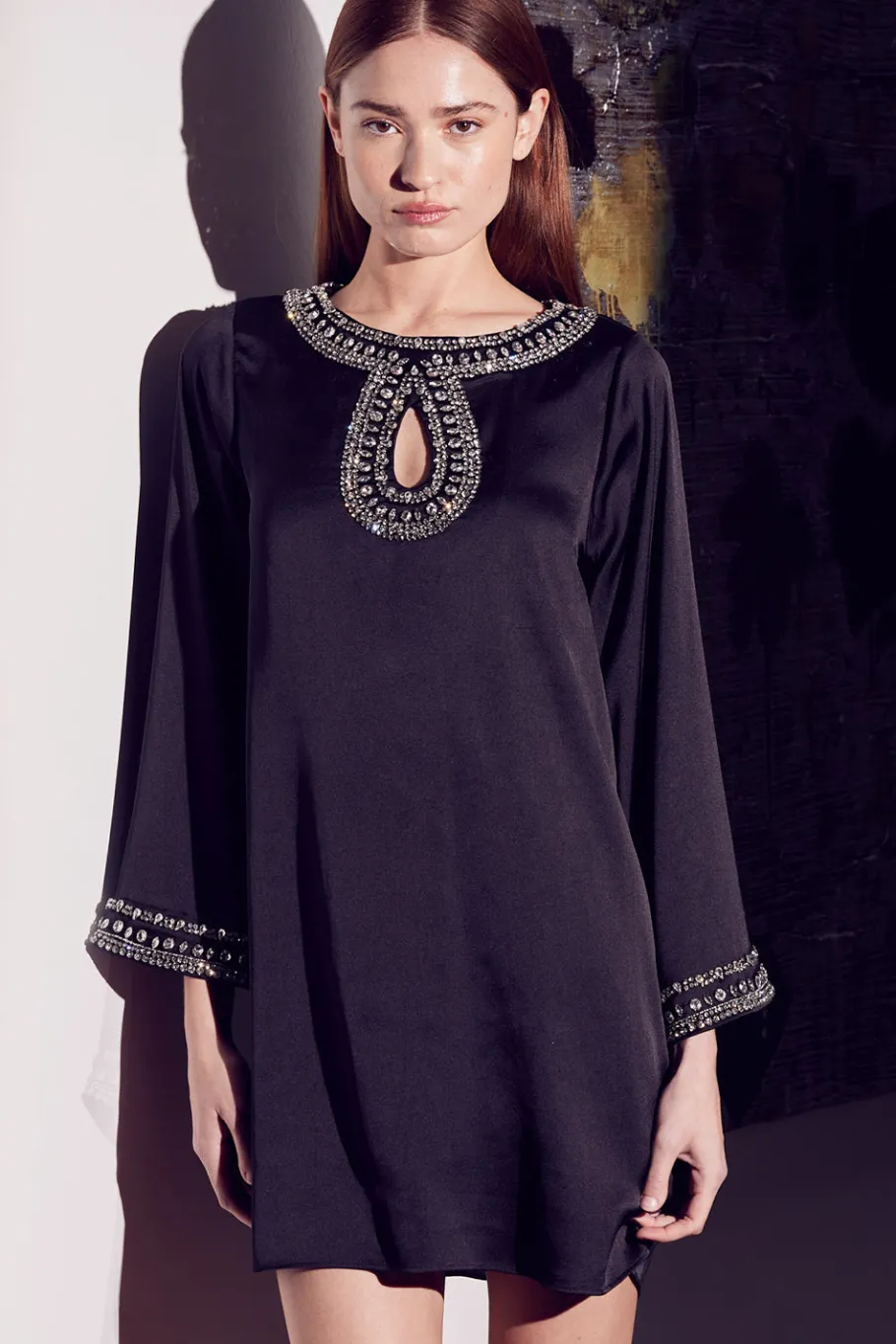 MISA Los Angeles Wedding Guest|Long-sleeve>IVY DRESS Blacksatin