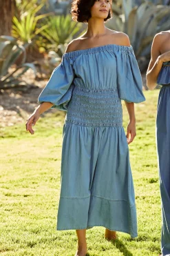 MISA Los Angeles Midi|Dresses>MARILOU DRESS Bluechambray