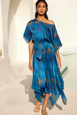 MISA Los Angeles Wedding Guest|Midi>MARTINA DRESS Cobaltpalmsmix