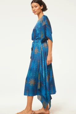 MISA Los Angeles Wedding Guest|Midi>MARTINA DRESS Cobaltpalmsmix