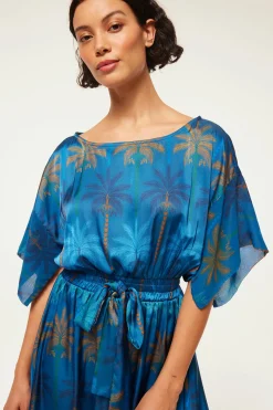 MISA Los Angeles Wedding Guest|Midi>MARTINA DRESS Cobaltpalmsmix