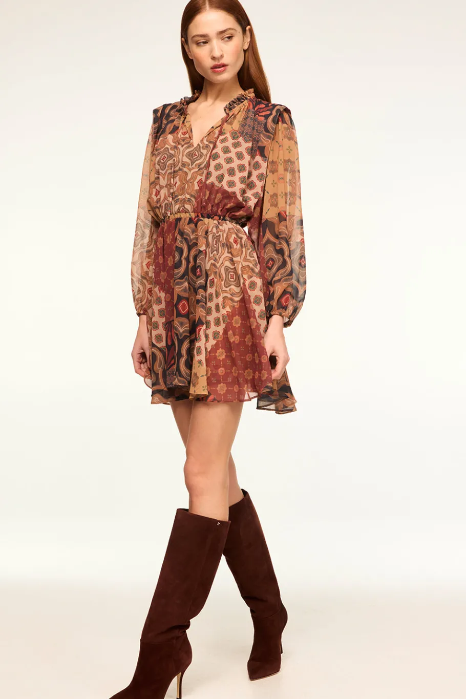 MISA Los Angeles Long-sleeve|Mini>MOLLY DRESS Surrealpatchworkchiffon