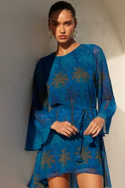 MISA Los Angeles Long-sleeve|Mini>PETRA DRESS Cobaltpalmschiffon