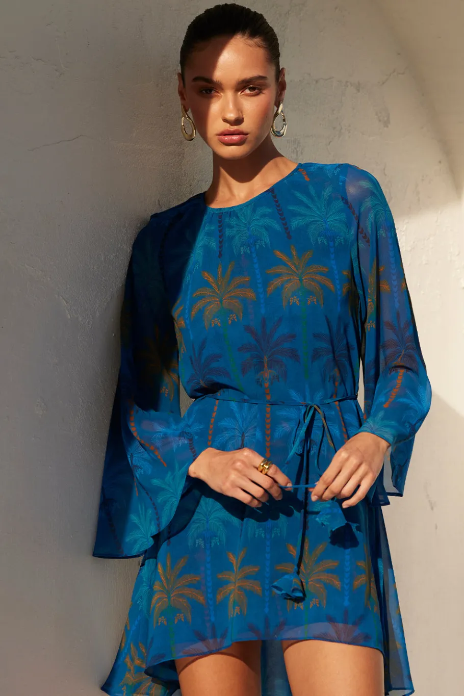 MISA Los Angeles Long-sleeve|Mini>PETRA DRESS Cobaltpalmschiffon