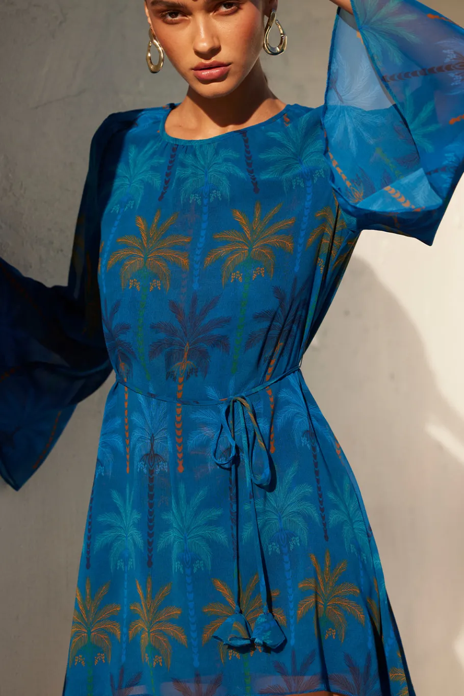 MISA Los Angeles Long-sleeve|Mini>PETRA DRESS Cobaltpalmschiffon
