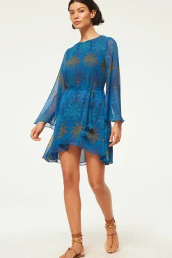 MISA Los Angeles Long-sleeve|Mini>PETRA DRESS Cobaltpalmschiffon