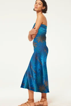 MISA Los Angeles Midi|Wedding Guest>THARA DRESS Cobaltpalmssatin