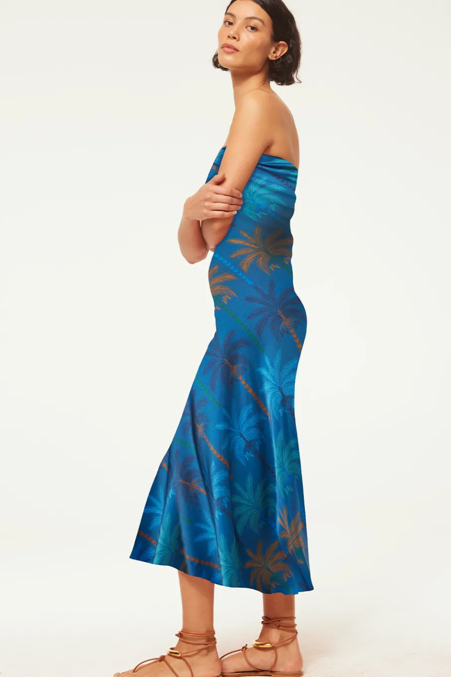 MISA Los Angeles Midi|Wedding Guest>THARA DRESS Cobaltpalmssatin